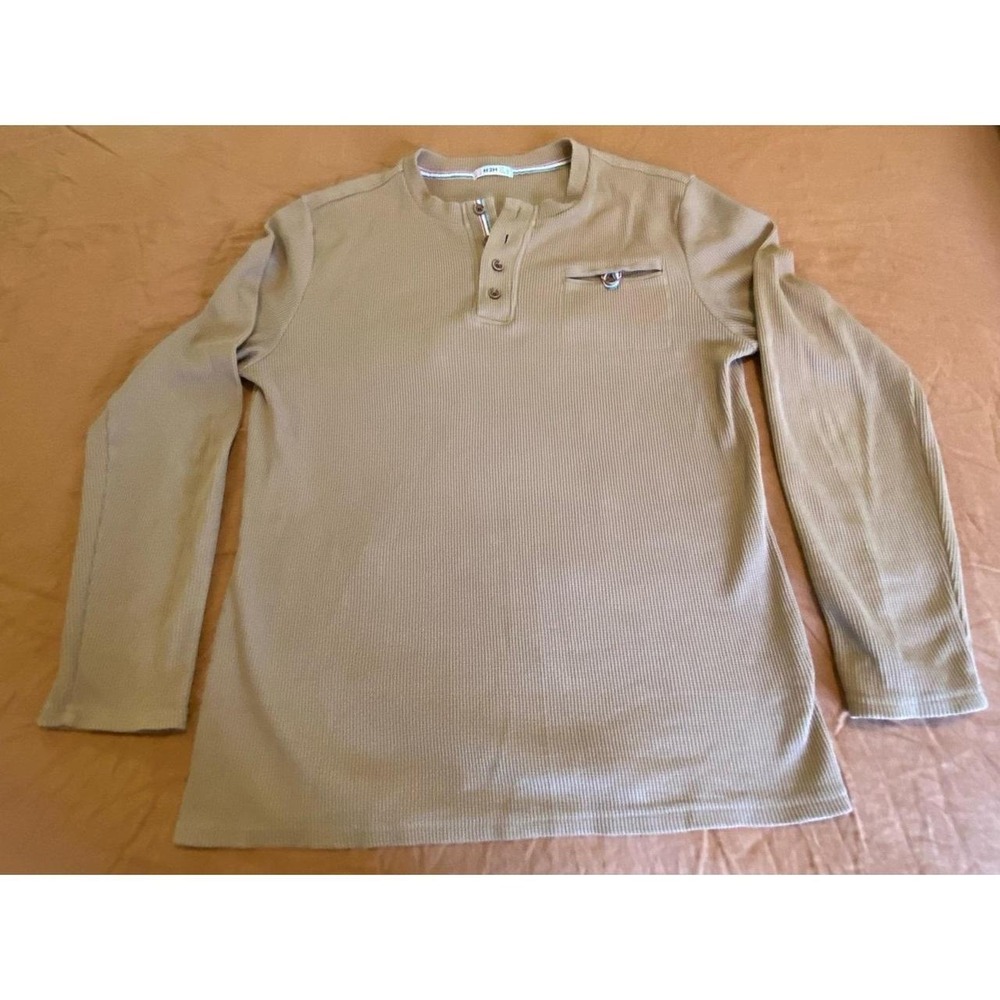 H2H Henley Shirt Waffle Khaki Mens Large 1/4 Button Longsleeve s51